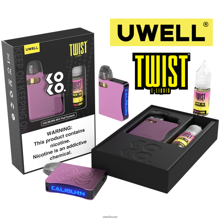 UWELL CALIBURN AK3 ערכה + a3s 0.8ohm pods (x2) + אדי אבא 10 מ"ל מלחים 50 מ"ג crl: ורוד/flv: לימונדת פונץ' ורודה 50 מ"ג UWELL israel BH6NJ2241