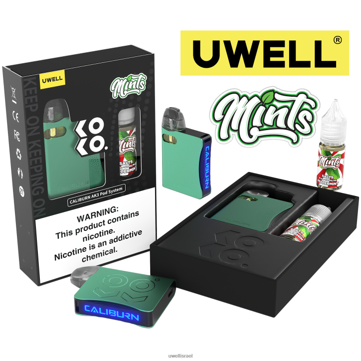 UWELL CALIBURN AK3 ערכה + a3s 0.8ohm pods (x2) + אדי אבא 10 מ"ל מלחים 50 מ"ג crl: ציאן/flv: מנטה 50 מ"ג UWELL jerusalem BH6NJ2242