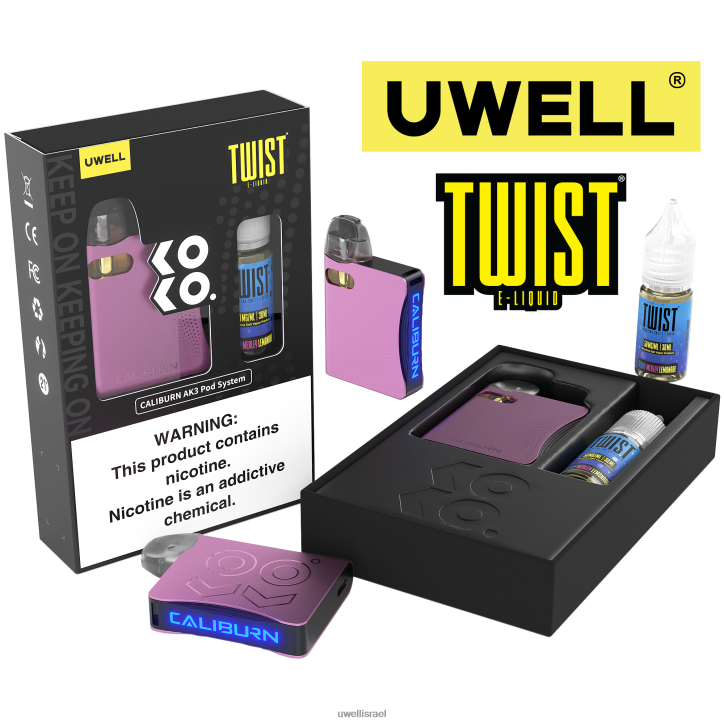 UWELL CALIBURN AK3 ערכה + a3s 0.8ohm pods (x2) + אדי אבא 10 מ"ל מלחים 50 מ"ג crl: ורוד/flv: לימונדה עם פירות יער UWELL review BH6NJ2246