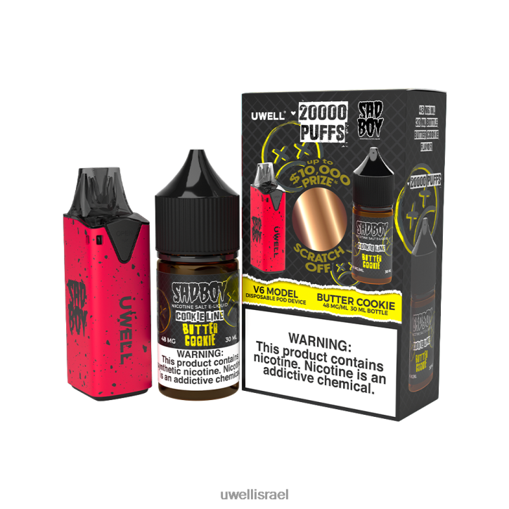 UWELL V6 מכשיר חד פעמי + אדי אבא 30 מ"ל מיץ - חבילת קולב clr: אדום/flv: עוגיית חמאה 48 מ"ג UWELL jerusalem BH6NJ2212