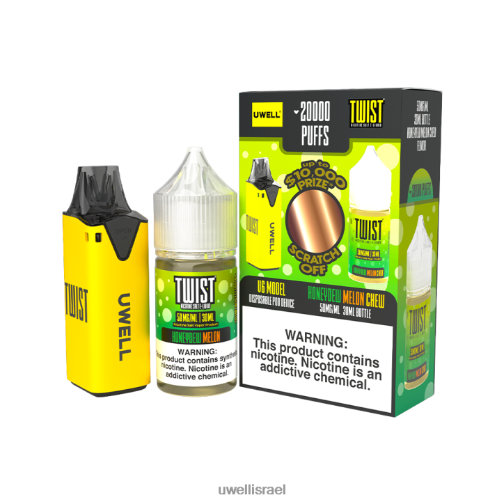 UWELL V6 מכשיר חד פעמי + אדי אבא 30 מ"ל מיץ - חבילת קולב clr: צהוב/flv: לעיסת מלון טל דבש 50 מ"ג UWELL vape flavours BH6NJ2217